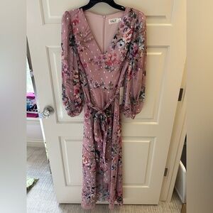 Eliza J Long Sleeve Surplice Floral Foil Print Chiffon Midi Dress NWT